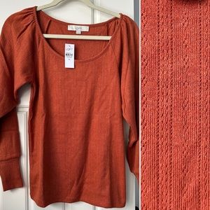LOFT Pointelle Pumpkin Spice Light Sweater w/gathered shoulders & cuffs. XS